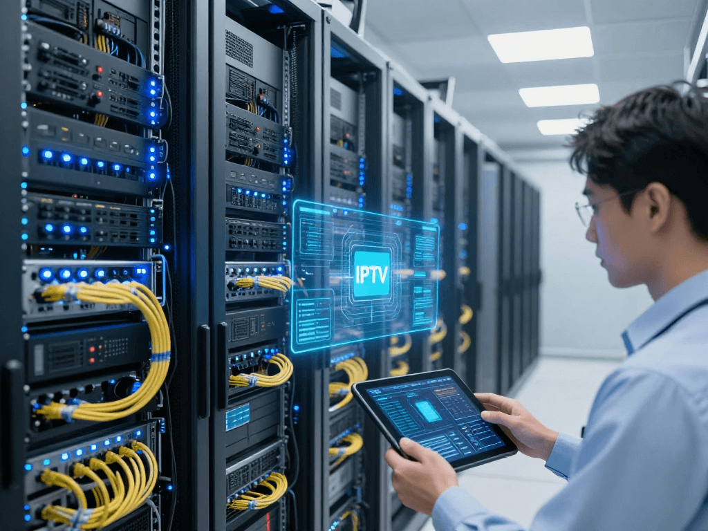 IPTV panel setup in a modern data center with illuminated servers and advanced cloud technology.