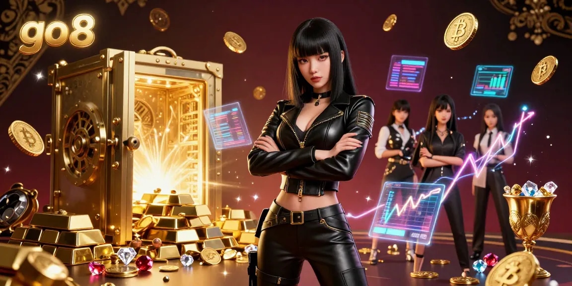 Experience the thrill of go8 with a stunning Asian woman amidst Bitcoin coins, gold treasures, and a vibrant casino atmosphere.