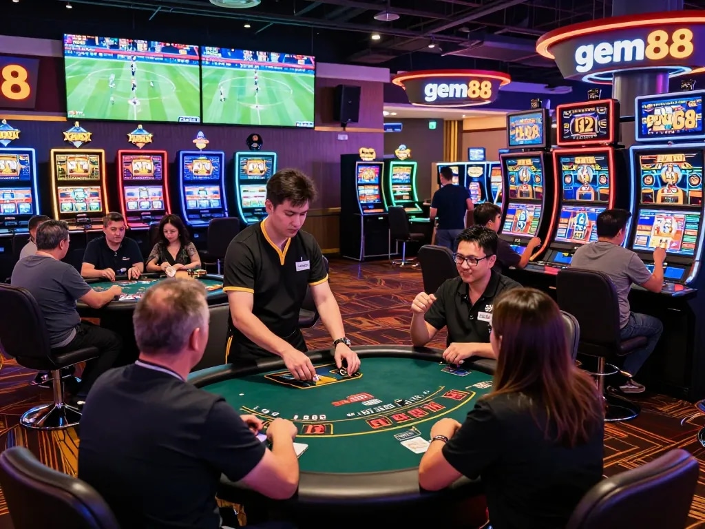 Exciting gem88 online casino scene with diverse players at gaming tables and sports betting kiosks, capturing vibrant atmosphere.