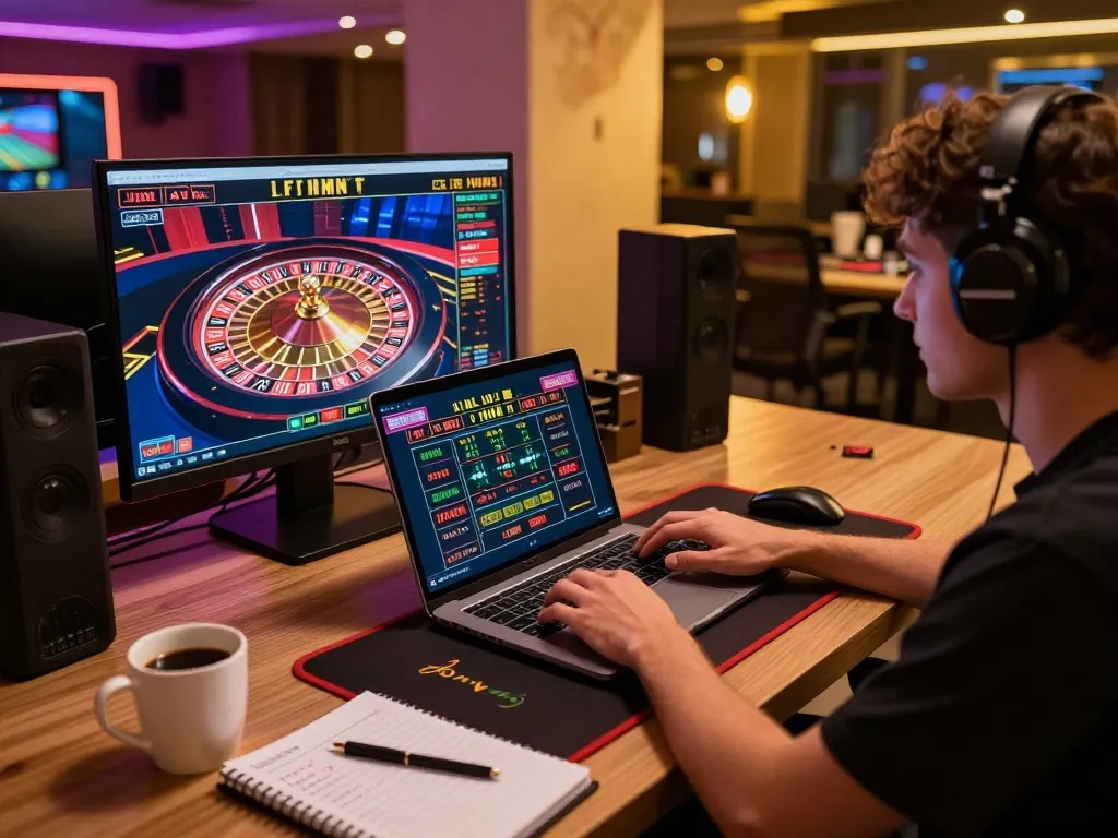Engaged player at Bet168 using laptop for live casino gaming, showcasing strategic gameplay.