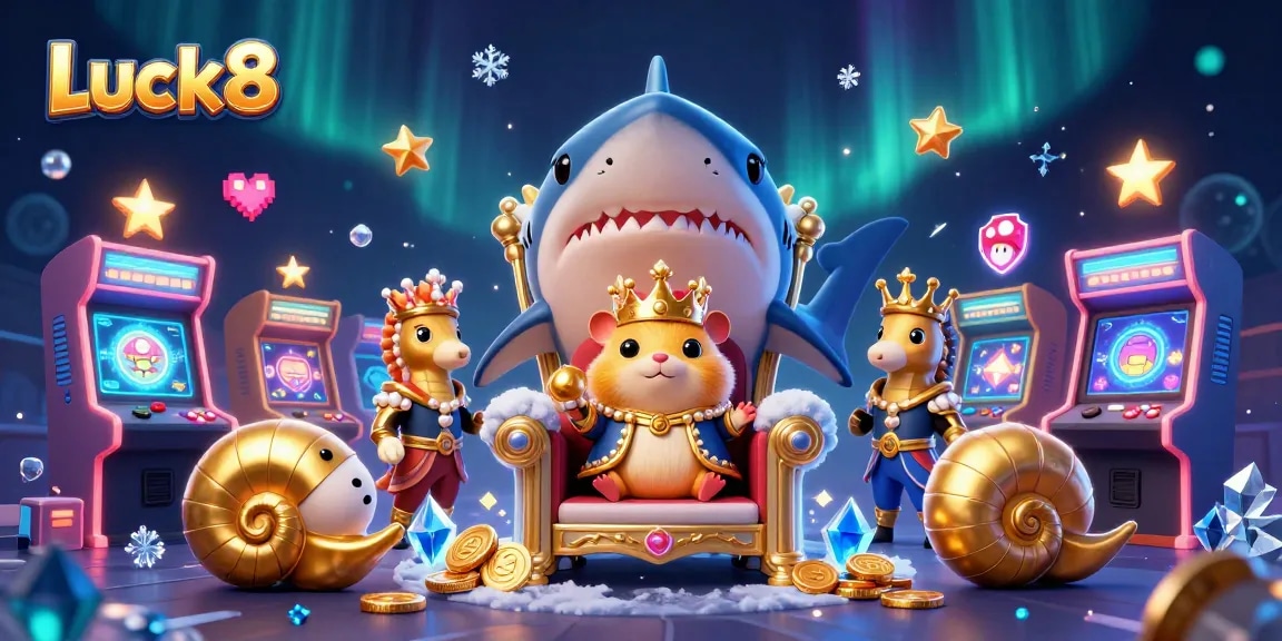 Engage with Luck8's vibrant casino scene featuring a golden hamster king amidst playful game elements.