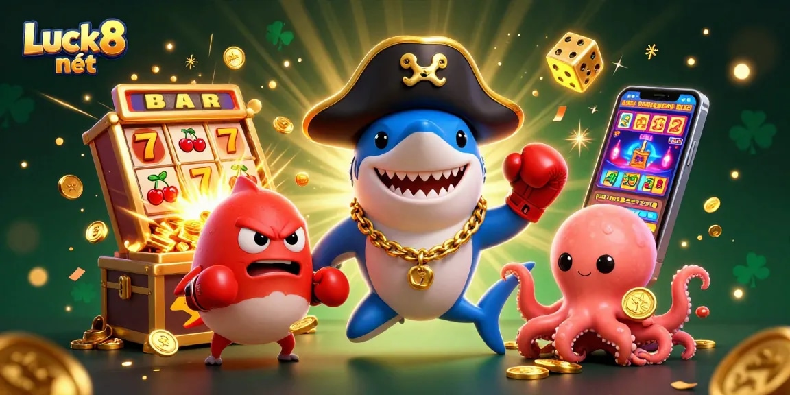 Engage with Luck8 nét showcasing a playful pirate shark and friends in a dynamic casino scene.