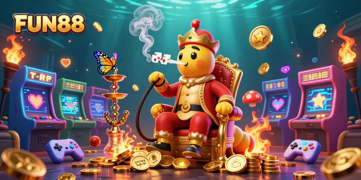 Experience FUN88 with a dynamic 3D illustration featuring a caterpillar hookah-master amidst vibrant gaming elements.