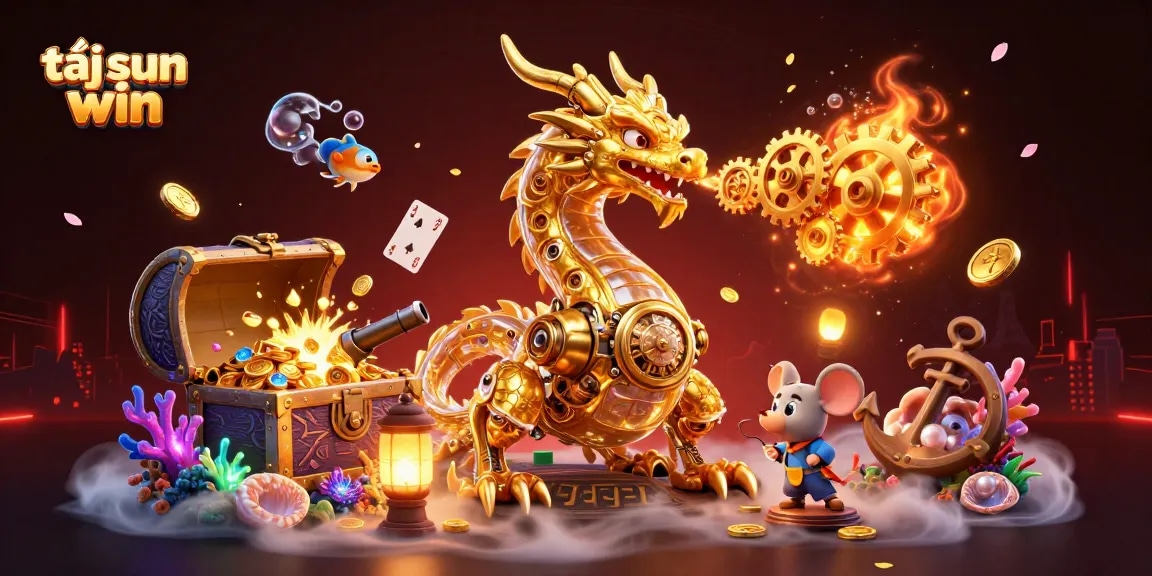 Engage in thrilling gameplay with tải sun win's golden dragon surrounded by vibrant casino treasures.