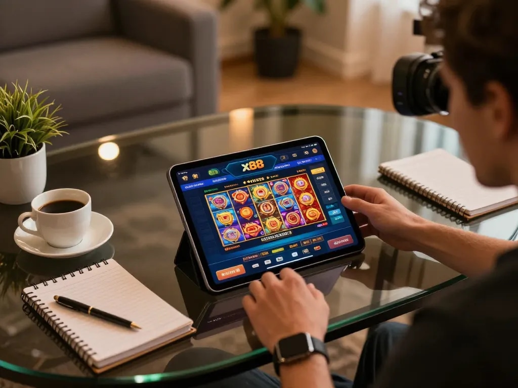Engaging in online casino gaming with the x88 app on tablet, coffee nearby in a cozy setting.
