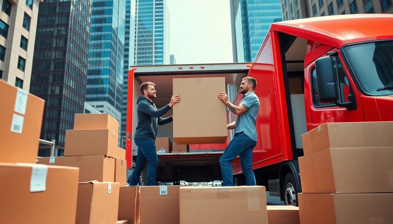 Long distance movers Calgary efficiently loading a moving truck in the cityscape.