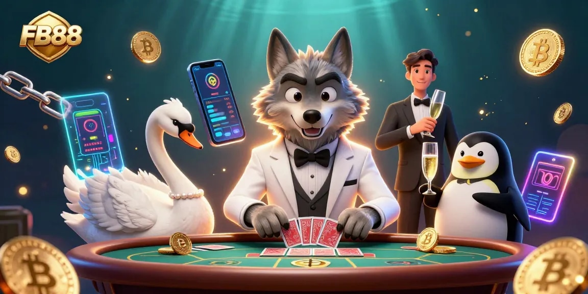 Engage with FB88's vibrant casino experience through this dynamic 3D illustration featuring a wolf, swan, and penguin.