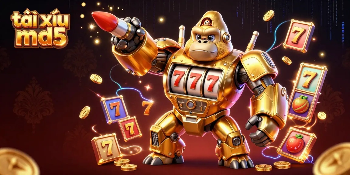 Experience the thrill of tài xỉu md5 with a vibrant 3D illustration of a golden gorilla mech and dynamic game elements.