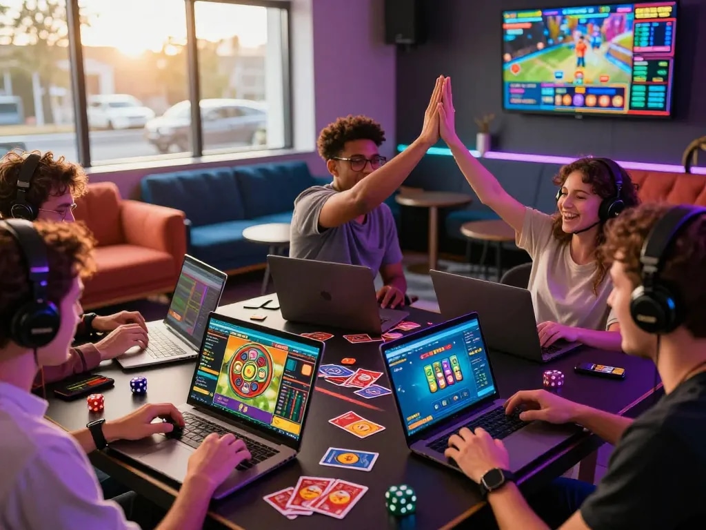 Exciting gaming scene with players celebrating wins on the EE88 app and gaming elements surrounding them.