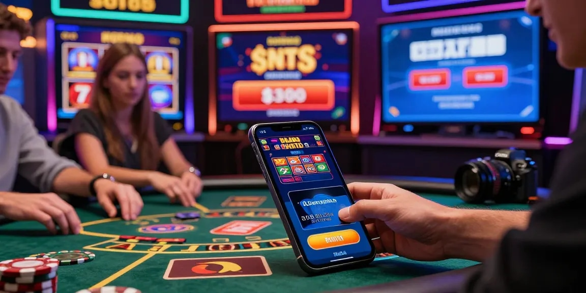 Engaging scene of online casinos that accept credit cards featuring players at virtual tables, highlighting dynamic promotions and sleek mobile transactions.