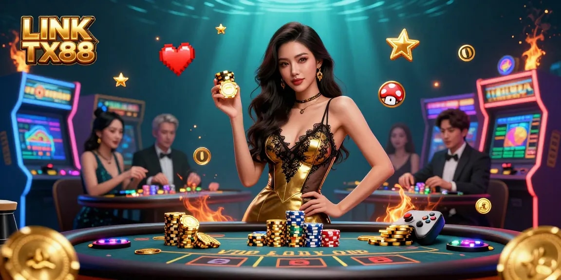 Experience elite gambling excitement at LINK TX88 with a glamorous baccarat setting and golden casino chips.