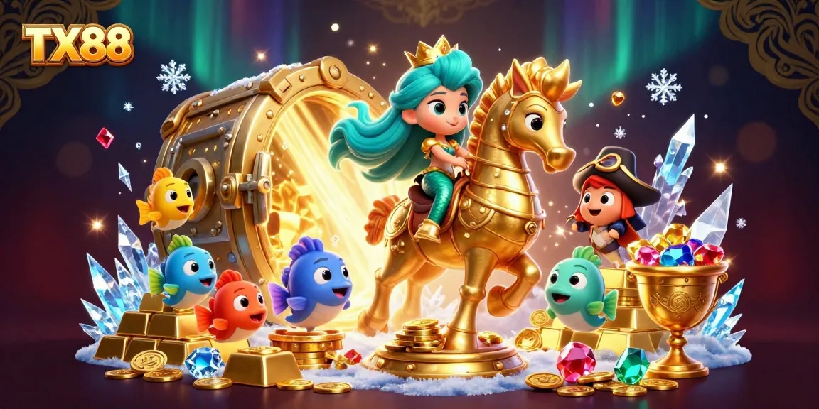 Experience the vibrant world of TX88 online casino with a colorful 3D mermaid princess and treasures.