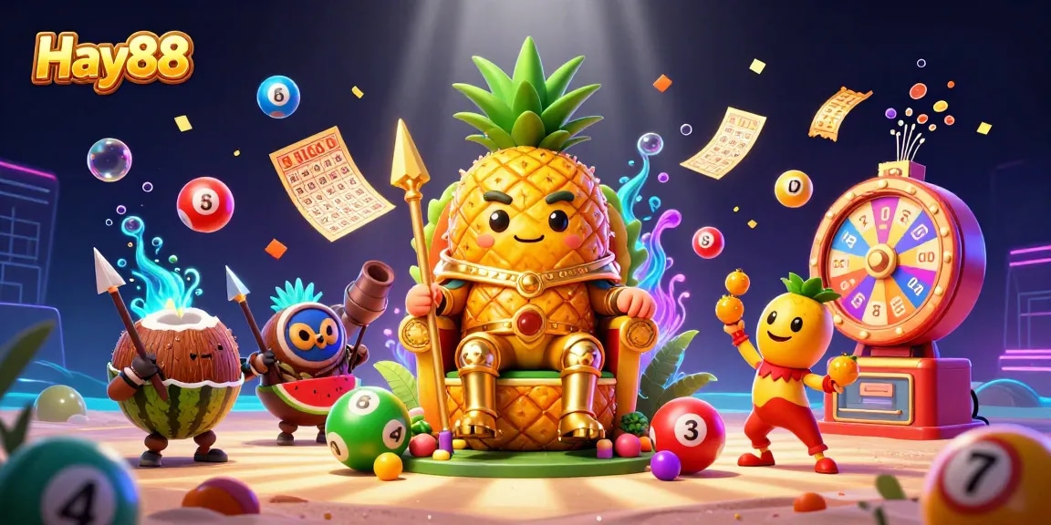 Engage in Hay88's vibrant casino world with a golden pineapple king and dancing lottery balls.