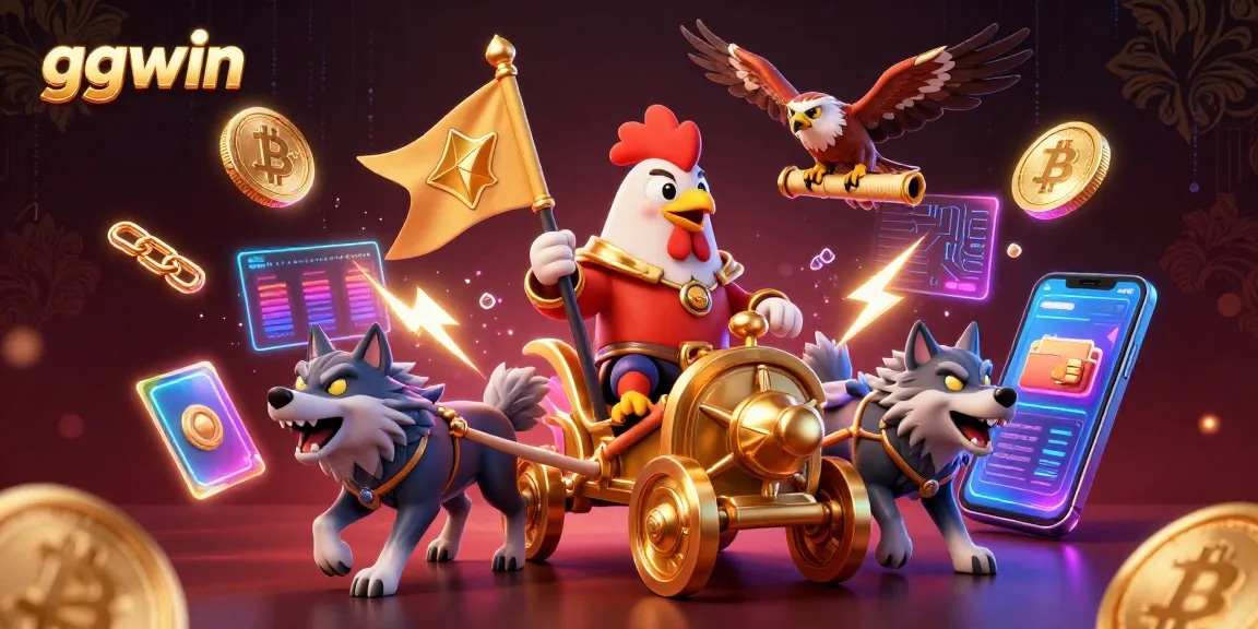 ggwin showcases a vibrant 3D casino scene featuring a rooster warlord in a golden chariot, crypto elements glowing.