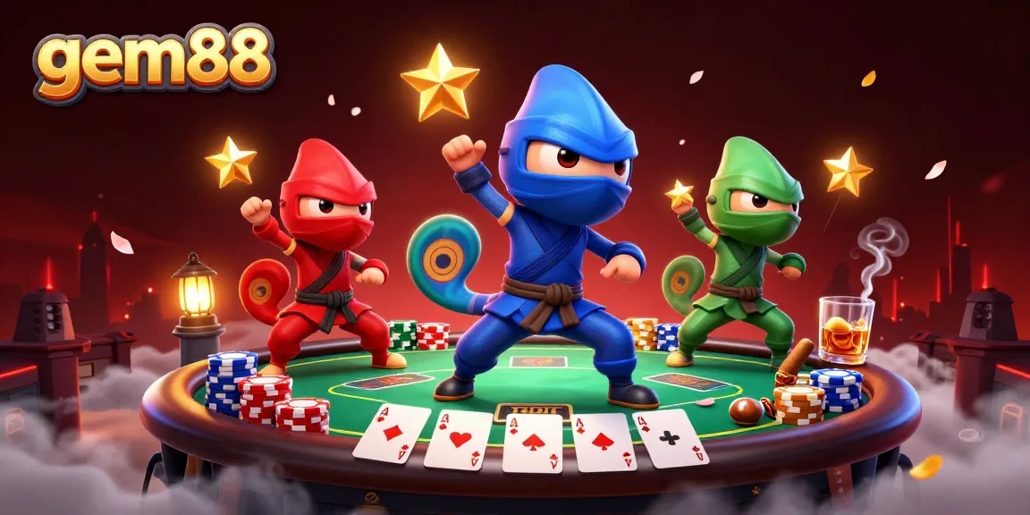 Experience the excitement of gem88 with ninja chameleons in a vibrant casino-themed scene.