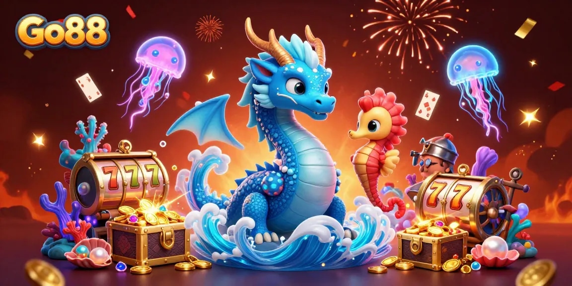 Witness Go88's thrilling gaming universe with a majestic water dragon, seahorse knight, and vibrant casino elements.