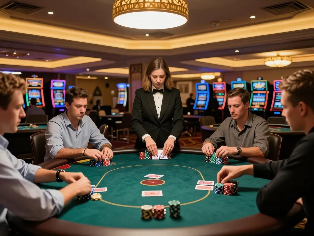 CO88 players intensely strategizing in vibrant casino poker game with dealer.