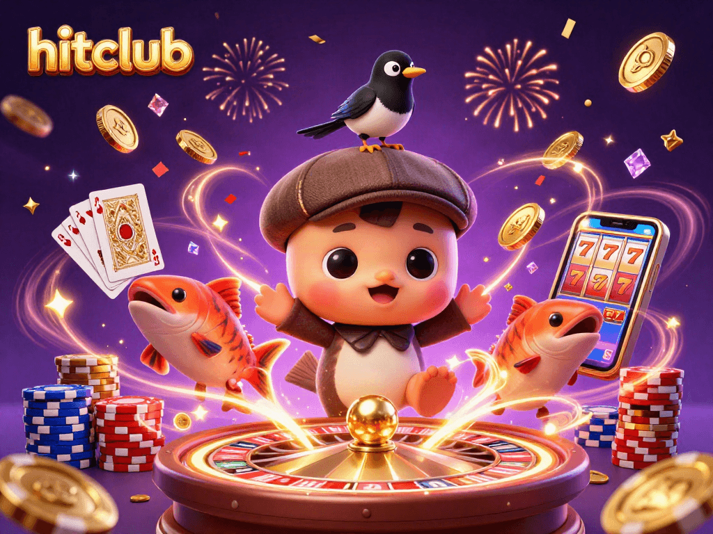 Hitclub showcases an exciting casino scene with Nessie, coins, and poker elements.