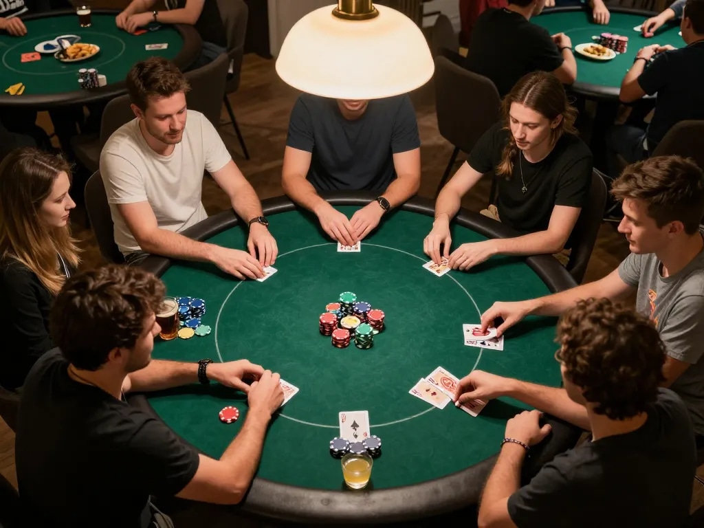 Friends enjoying a poker game at home, emphasizing social interaction and strategic play with open88ss.