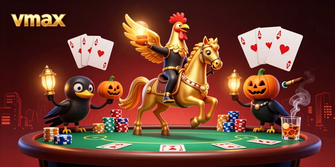 Experience vmax's thrilling gameplay with a golden rooster character navigating a vibrant casino scene.