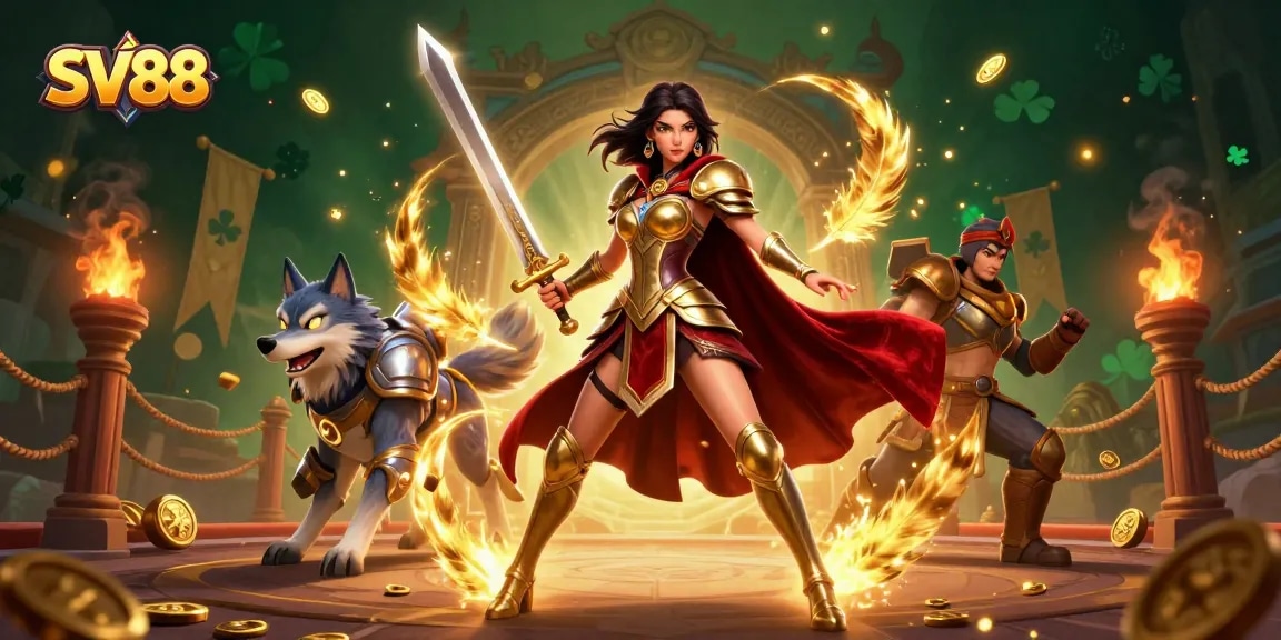 SV88 showcases a warrior queen in an online gambling arena with golden tokens and flaming energy.