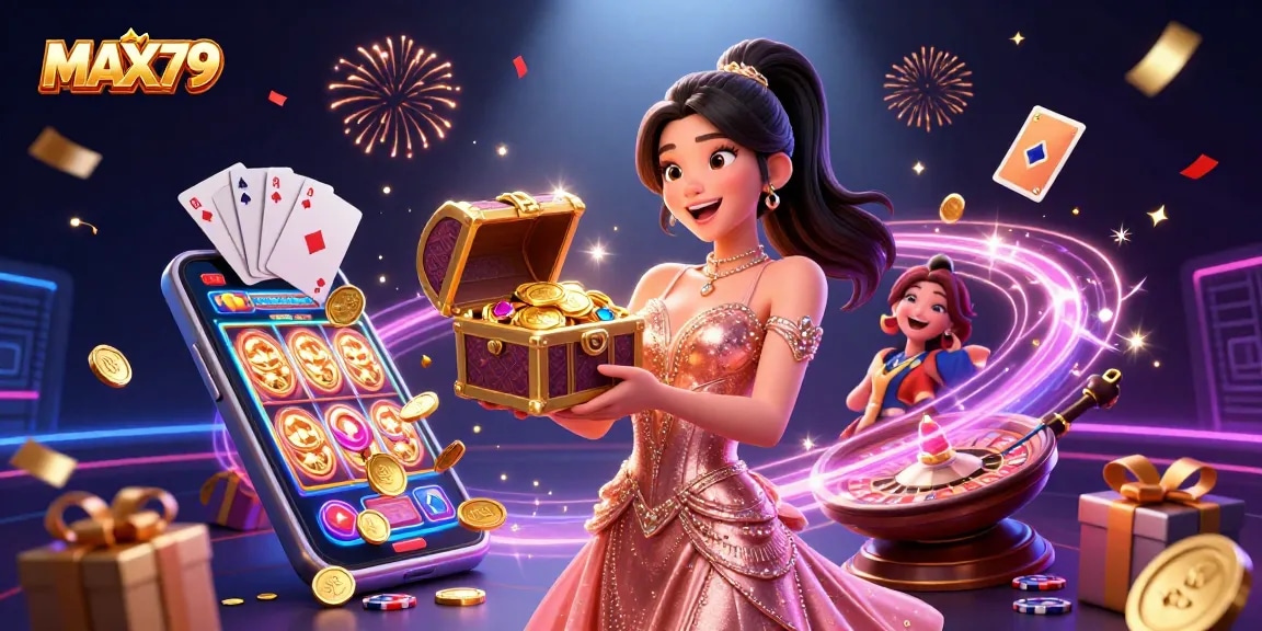MAX79 showcases an exciting treasure trove in an Asian casino-themed illustration filled with vibrant slot games and gold coins.