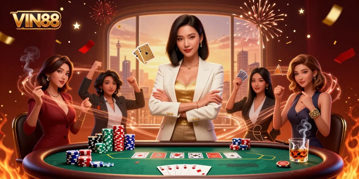 Experience the thrill of gambling with VIN88 featuring an elegant dealer in a vibrant casino scene.