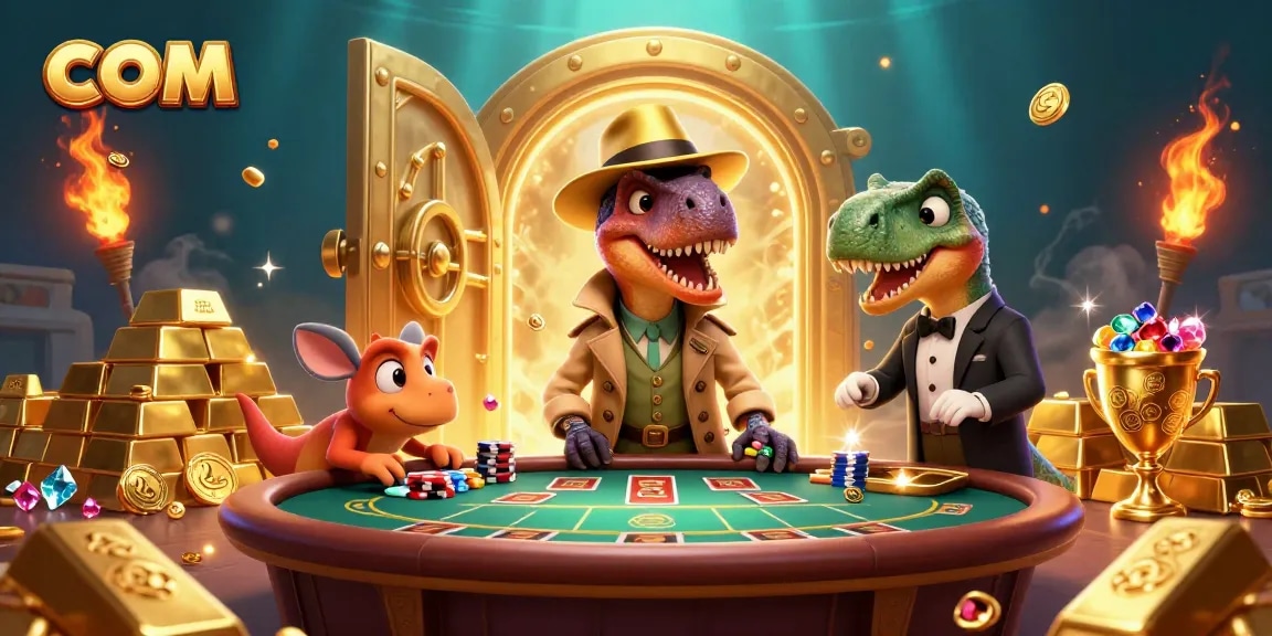 Experience excitement at com's blackjack table with a velociraptor card counter and blue gem treasures.