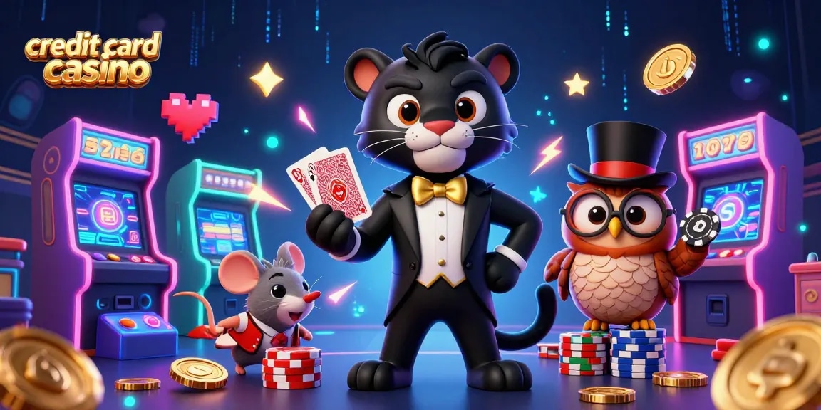 Engaging scene of a credit card casino with a stylish panther dealer, owl, and mouse, featuring vibrant gaming elements.