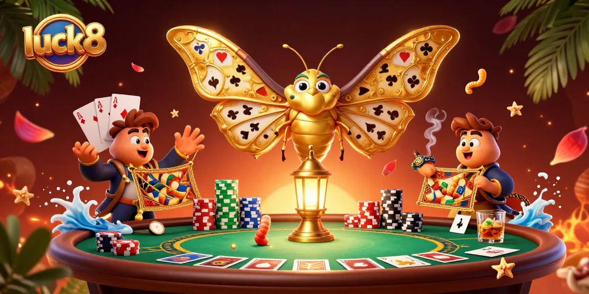Engage with luck8's thrilling casino atmosphere featuring a majestic atlas moth and poker elements.