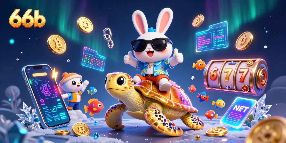 Experience thrilling wins with 66b in a vibrant casino scene featuring lucky characters and slot game elements.