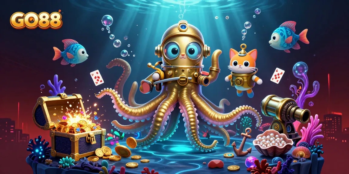 Engage in exciting gameplay at GO88 featuring a kraken, diving cat, and glowing fish in a vibrant underwater scene.