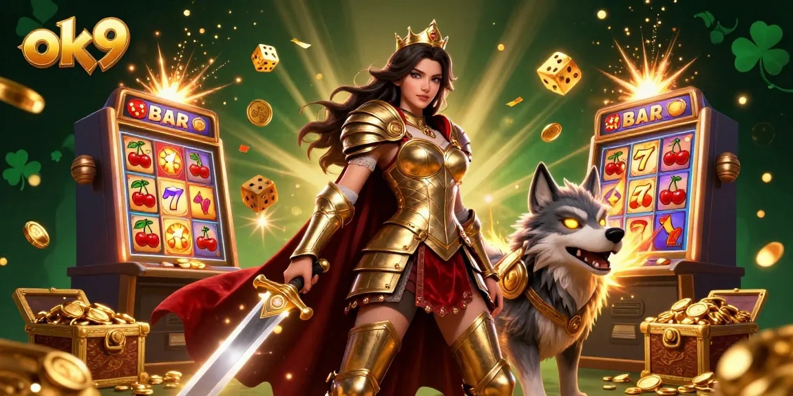 Experience the thrill of ok9 with a dynamic casino scene featuring an adventurous queen and her wolf.