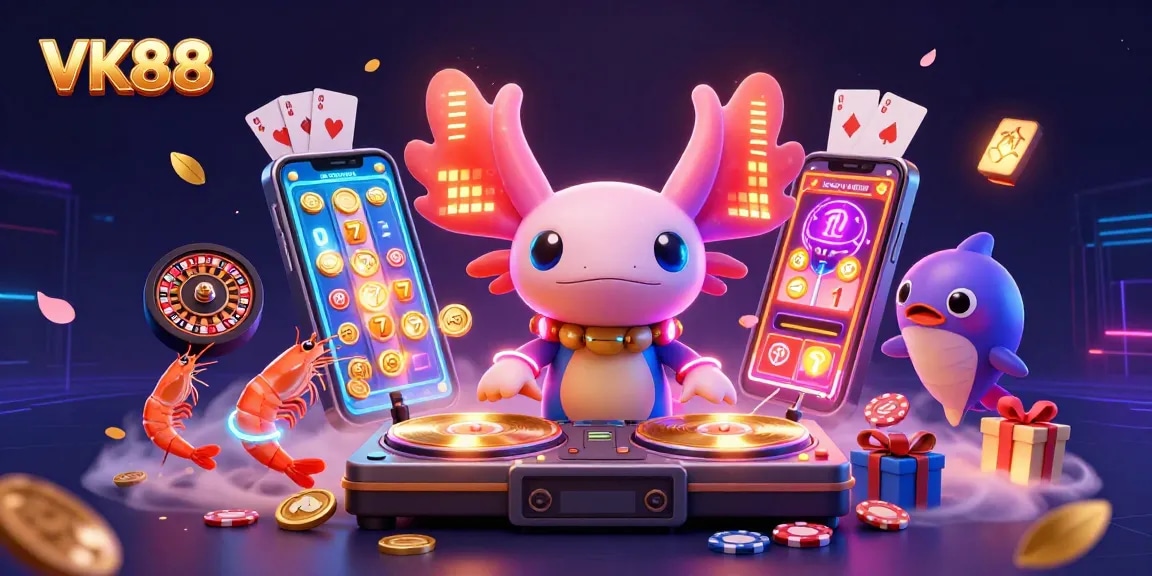 Experience VK88's vibrant gambling scene with a neon axolotl DJ and dynamic casino elements.