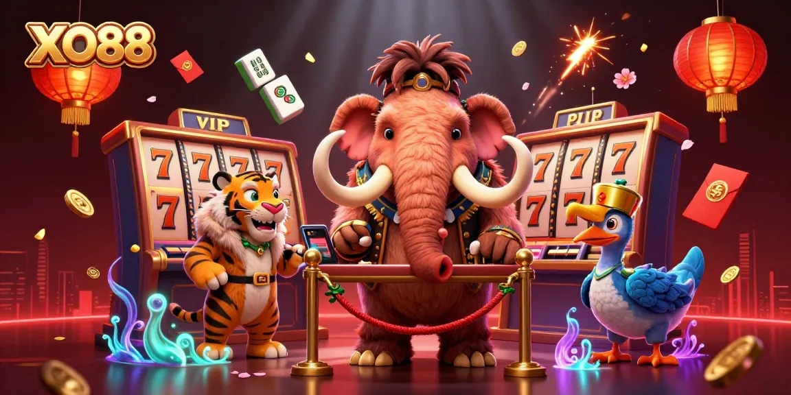 Engage with XO88's vibrant casino world featuring a woolly mammoth bouncer, VIP saber-tooth tiger, and lively game elements.