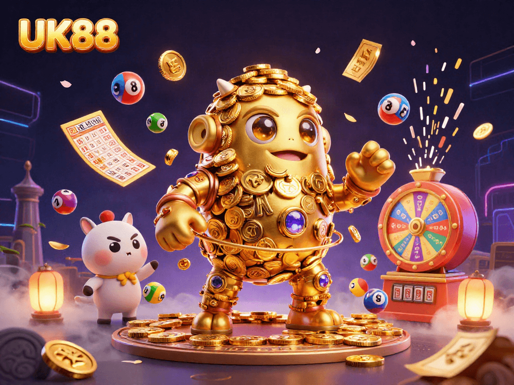 Engage with UK88, featuring a vibrant casino scene with colorful lottery elements and golden golem.