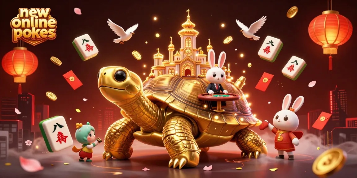 Spin new online pokies with a vibrant 3D casino scene featuring a tortoise and dealer.