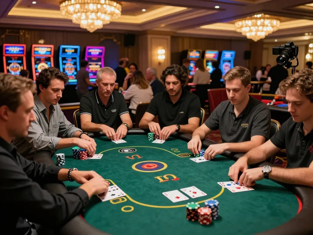 sunwin players strategizing at a Texas Hold'em poker table in a vibrant casino setting