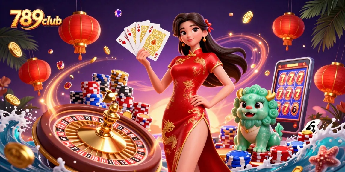 Experience excitement with 789club's vibrant casino scene featuring a glamorous woman, lanterns, and dynamic game elements.