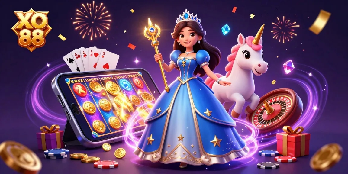 Engage with XO 88's dazzling slot games as illustrated by a royal figure amid vibrant casino elements.