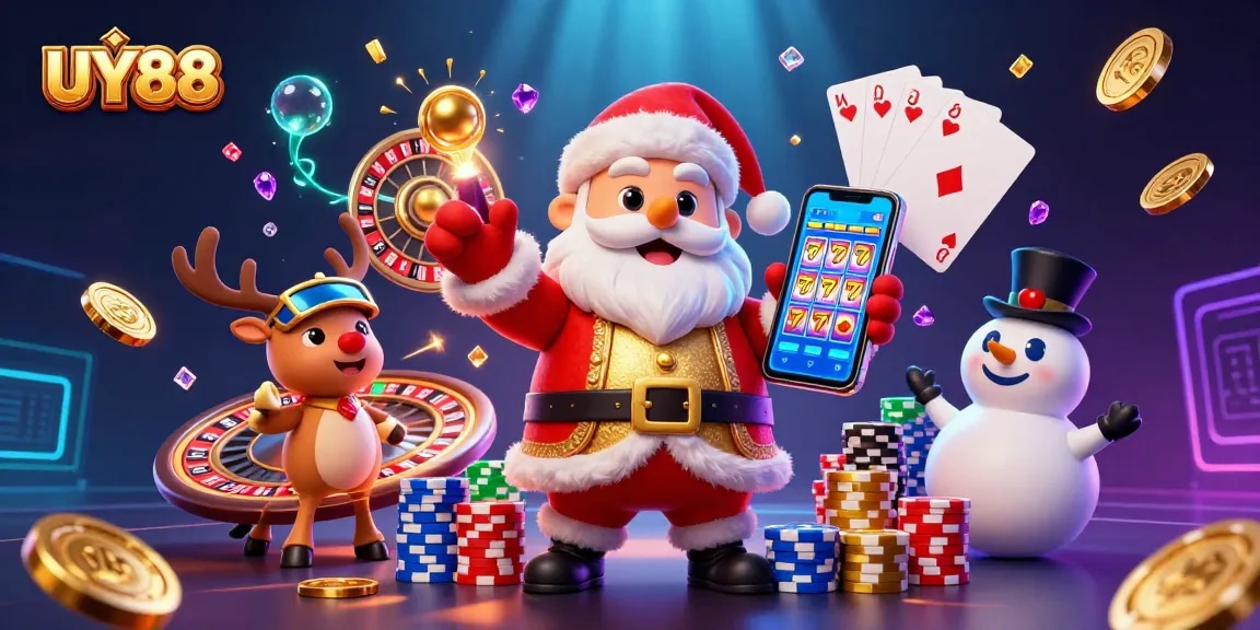 Spin the slots with UY88 for festive jackpots featuring Santa, reindeer, and a snowman!