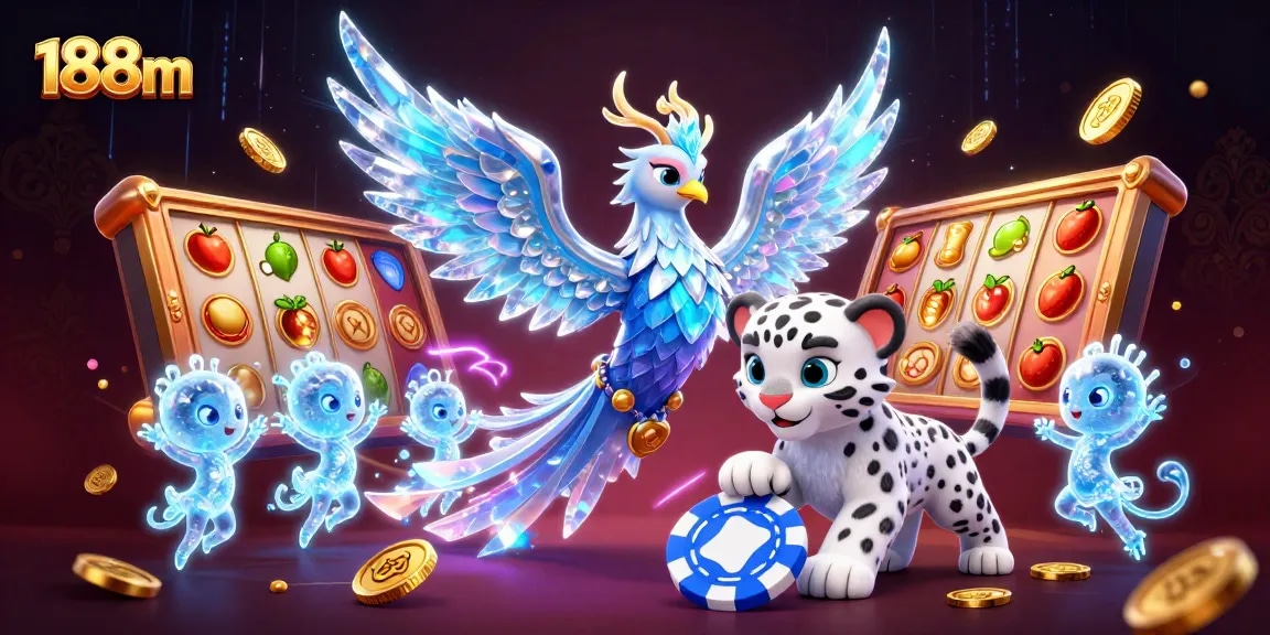 Play with exciting slot games at 188m, where the ice phoenix joins a festive scene with vibrant gaming elements.