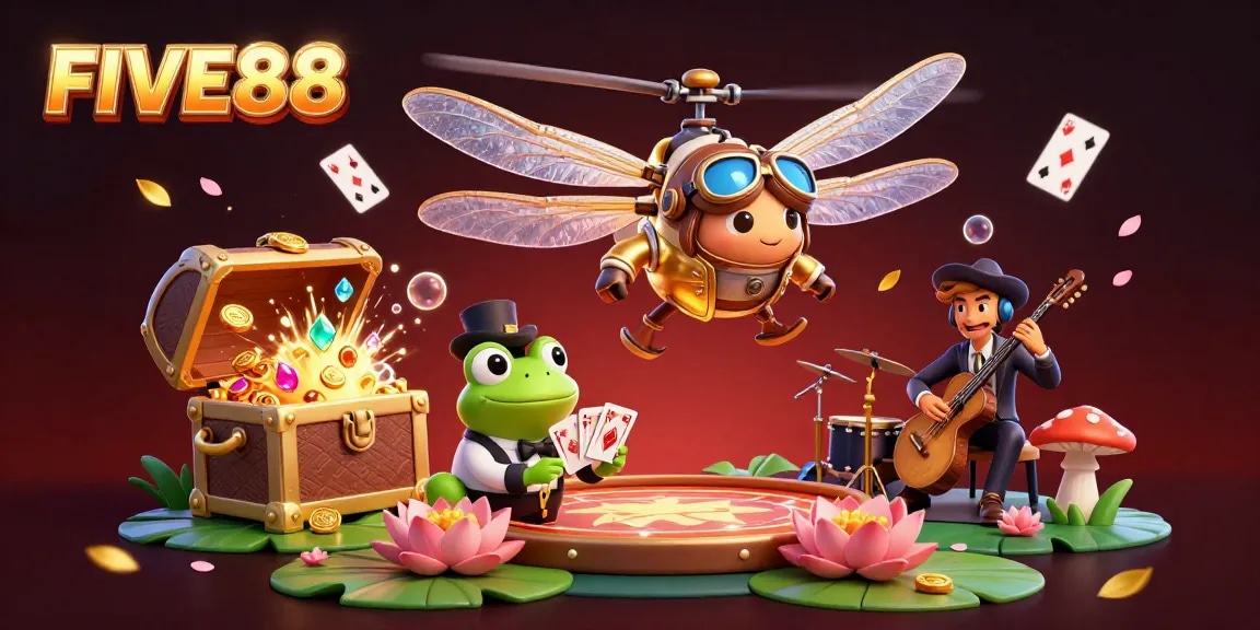 Experience the thrill of FIVE88 with a dynamic casino scene featuring a dragonfly pilot, frog dealer, and jazz musicians.