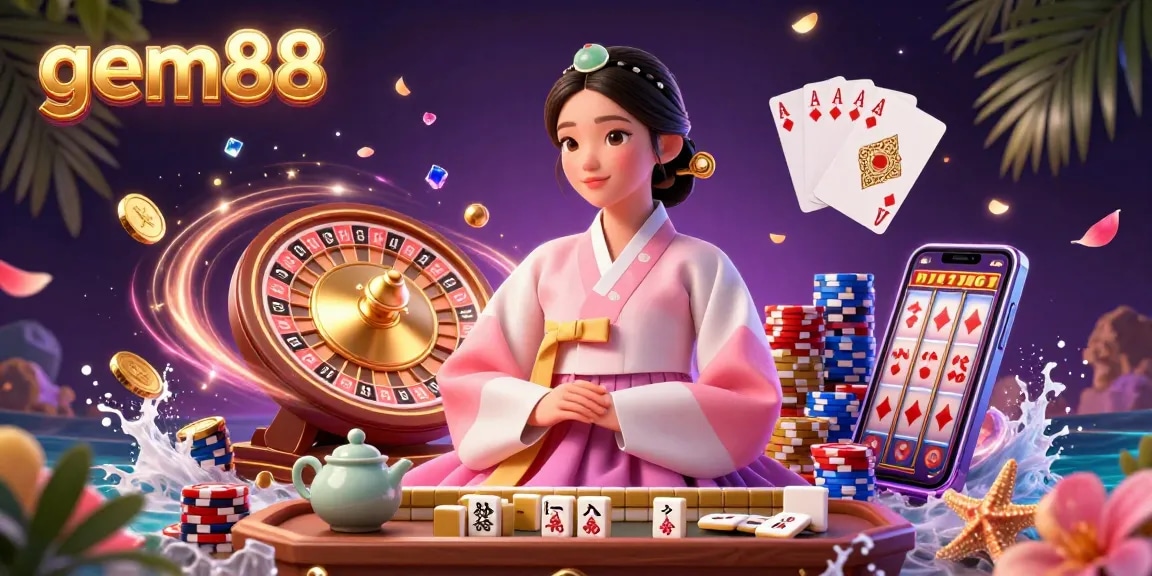 Experience thrilling gaming at gem88 with elegant Asian lady, golden coins, luxury roulette, and jackpot excitement.