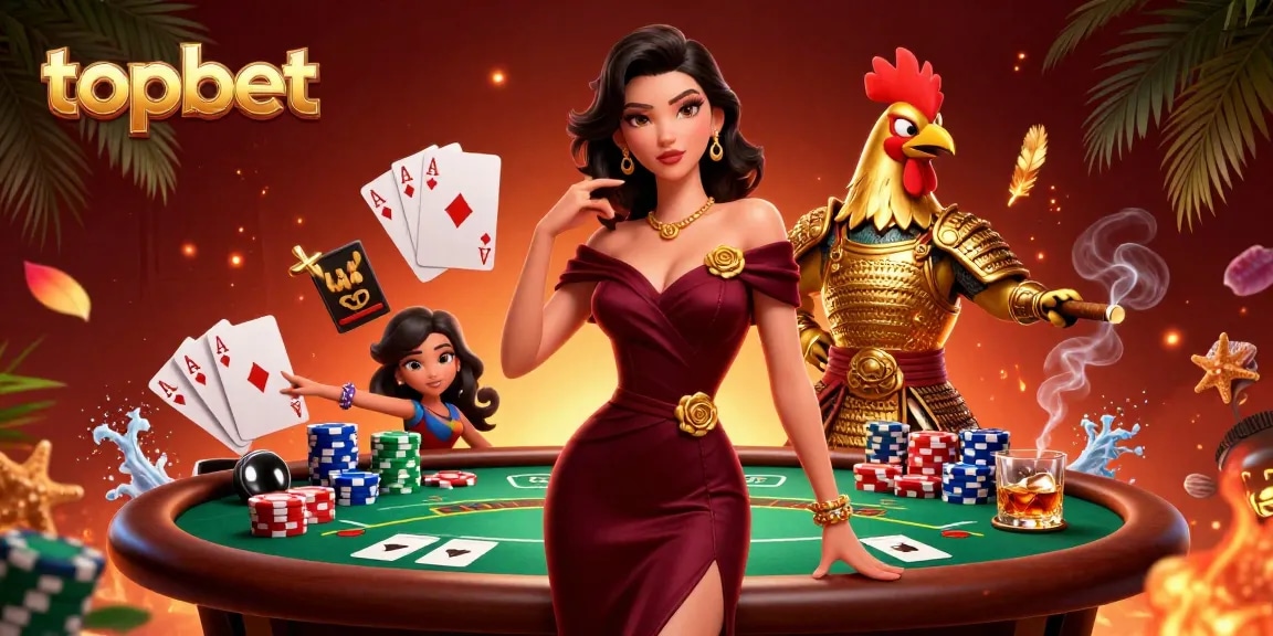 Engage in thrilling poker action at topbet with elegant characters and vibrant casino elements.