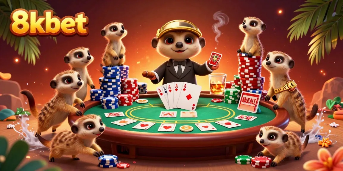 Experience thrilling action in 8xbet's lively casino scene with animated meerkats and poker elements.