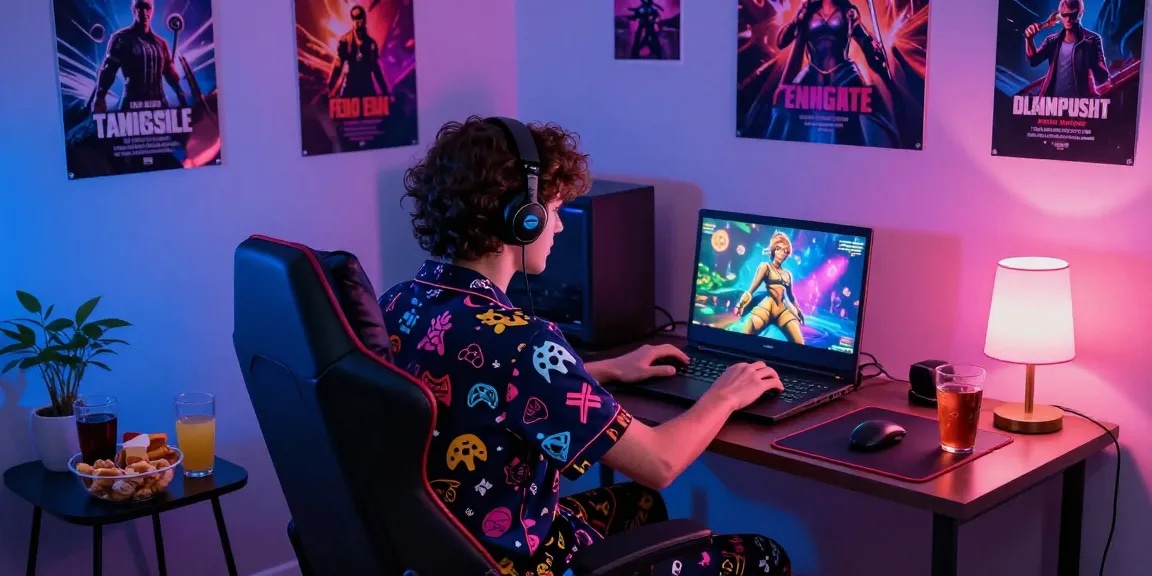 Engaged gamer playing exciting sex games online in a cozy bedroom setting.
