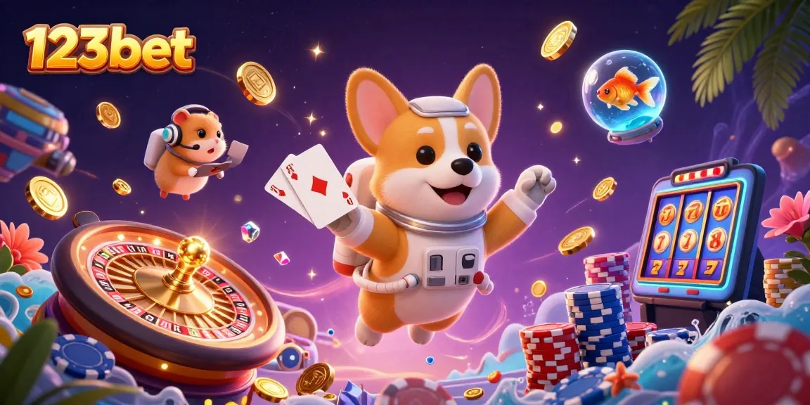Experience the excitement of 123bet's vibrant casino scene with an astronaut corgi and golden coins.