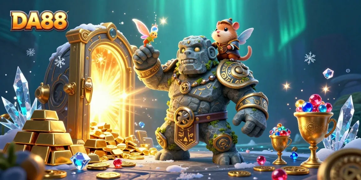 Engaging scene with DA88, featuring a magical golem and knight, surrounded by treasures and vibrant casino elements.