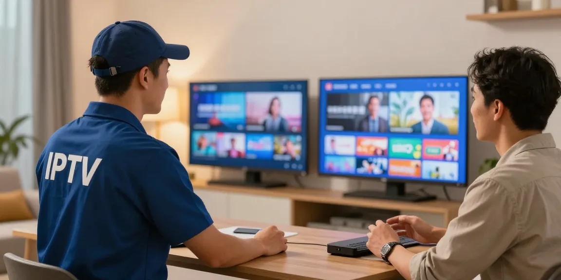IPTV Service options being discussed by a trusted provider with a homeowner in a professional office setting.